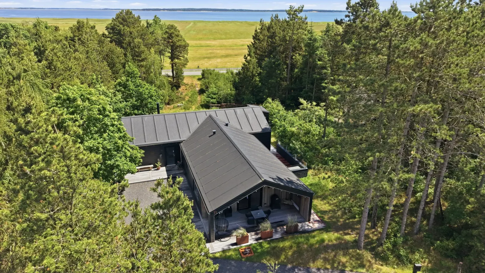 Luftfoto af huset mellem træerne med Ho Bugt i horisonten